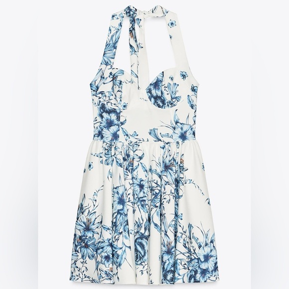 ZARA Blue Floral Halter Tie-Back Mini Dress – Size Medium - Picture 6 of 16
